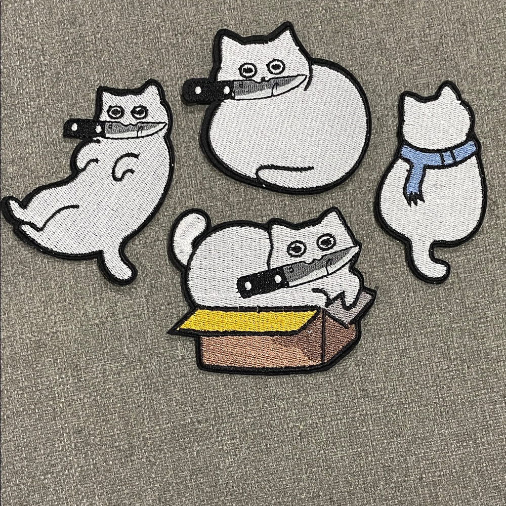 Cat with knife  Iron-On Patches - Set of 4
